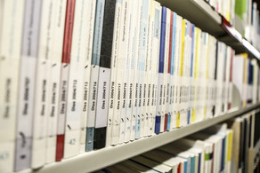 Bücher mit der Aufschrift Dissertation auf dem Buchrücken im Bücherregal der Bibliothek